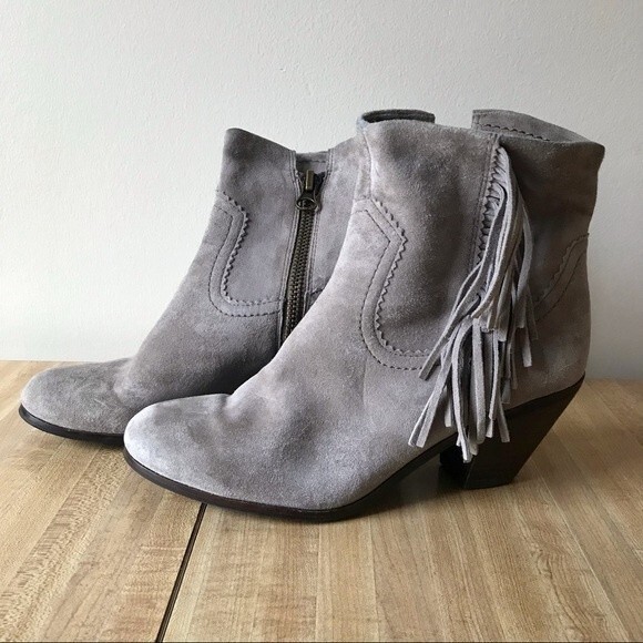 SAM EDELMAN Fringe Ankle Boots Louie Suede Leather Western Bootie Taupe - Picture 1 of 9